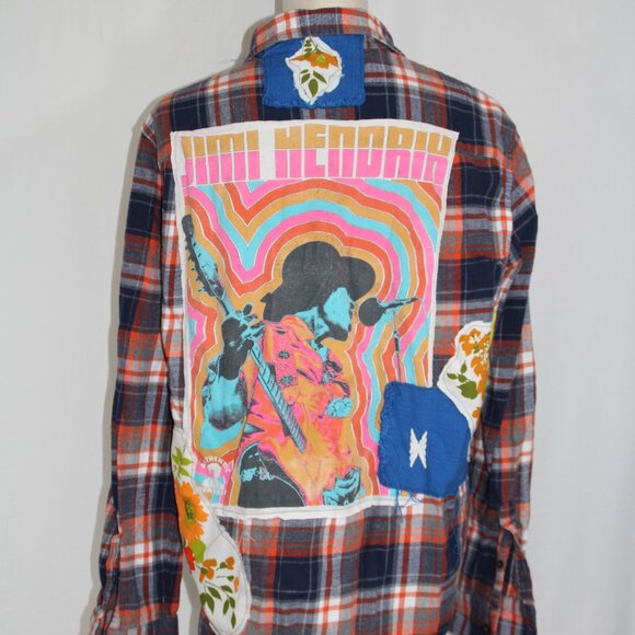 Upcycled Flannel Shirt Jimi Hendrix Grunge Rock Men's L Festival Shacket - Picture 4 of 8